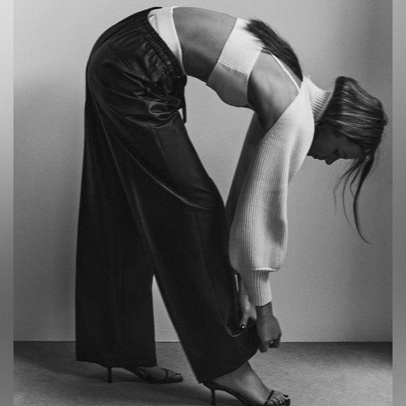 Zara waxed effect wide leg pants with drawstring xs - Picture 1 of 4